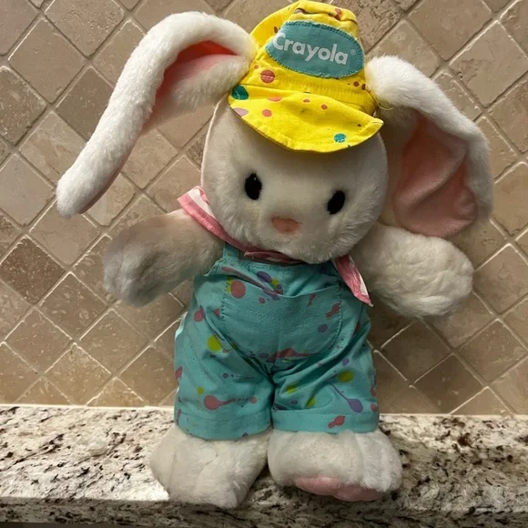 Hallmark Vintage 1990 Crayola Yellow Hat and Blue Overalls Bunny Plush