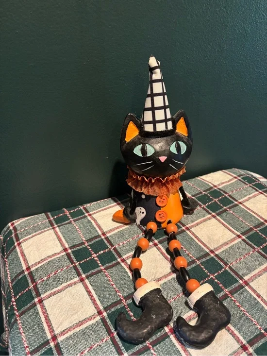 Black and Orange Halloween Cat Shelf Sitter Figurine with Hat
