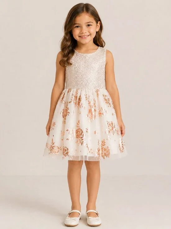 The Children’s Place Girls Rose Gold Foil Floral Party Dress Size 5/6 Brand: Th