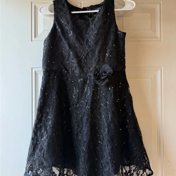 The Children's Place Girls Black Lace Sequin‎ Party Dress Size 14 Flower Detail