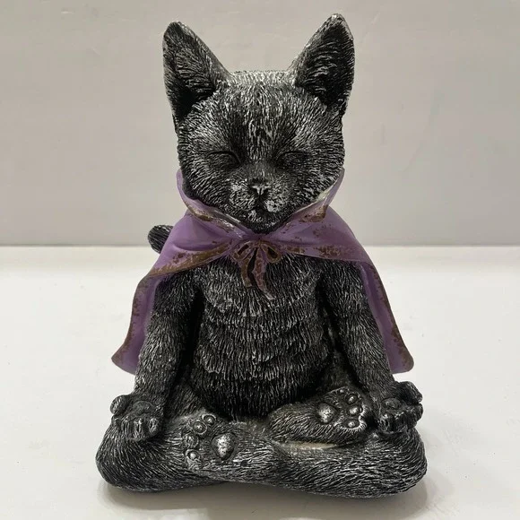 Halloween Meditating Yoga Zen Cat Resin Black Purple Cape 7.5x6