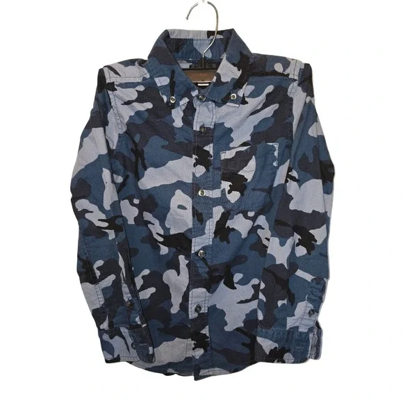 The Children's Place Boys Blue‎ Camo Button Down Shirt Long Sleeve Size S 5/6