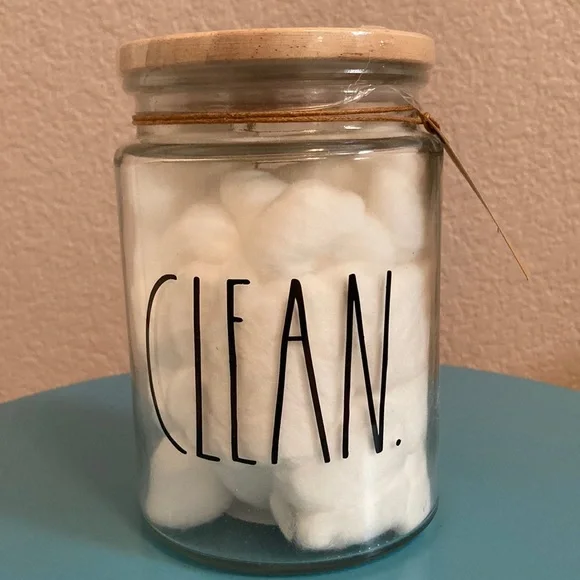 NWT Rae Dunn “Clean” Glass Jar with Wooden Lid and Cotton Balls