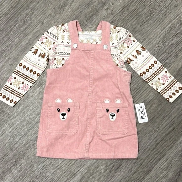 The Children's Place Pink Corduroy Bear‎ Jumper Fair Isle Shirt Set 18-24M NEW