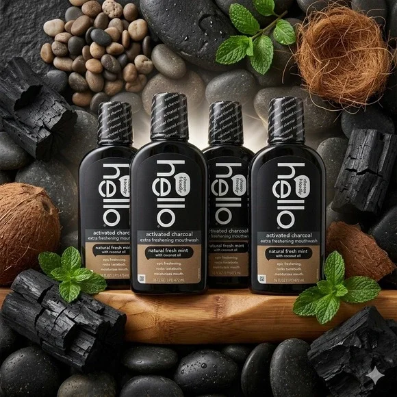 Hello Activated Charcoal Extra Freshening Mouthwash Fresh Mint 4 Pack 16 oz