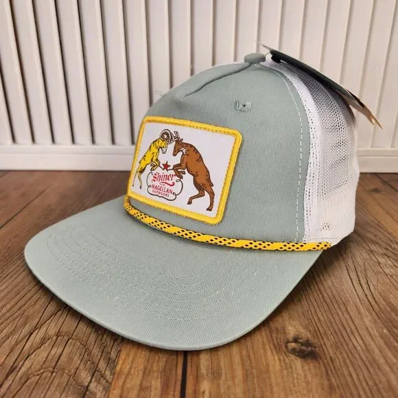 Magellan Outdoors Shiner Beer Snapback Trucker Hat Cap Green Yellow Patch Rope