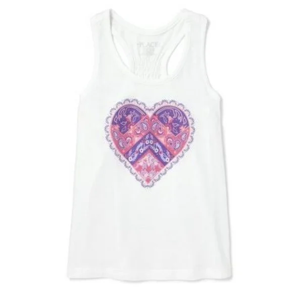 THE CHILDREN'S PLACE Graphic Bandana Print Pink Heart Smocked Ivory Tank‎ Top XL