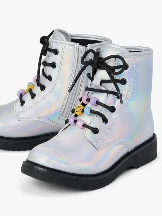 Girls Metallic Silver Combat Boots Lace Up Size 6 The Children’s Place