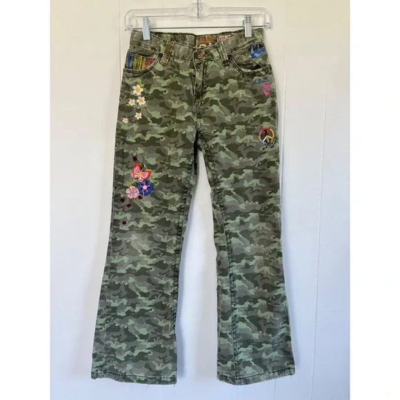 The Children's Place Girls Camo Embroidered Peace‎ Flower Pants Size 12 Green