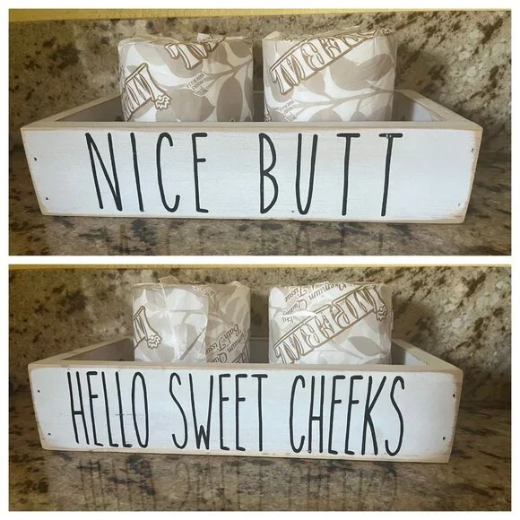 Wood Toilet Paper Holder Hello Sweet Cheeks & Nice Butt Bathroom Decor Tray Box
