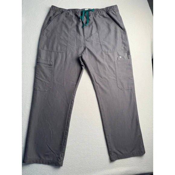 Men's FIGS XXL Grey Cargo Scrub Pants with Green Drawstring