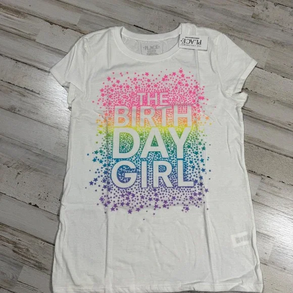 NWT The Children's Place Girls White Birthday Girl Rainbow Star T-Shirt L 10/12