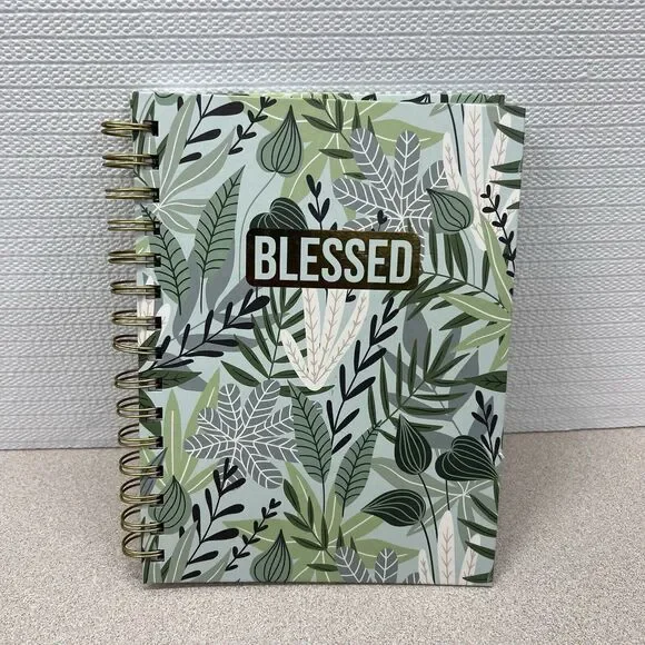 BLESSED Lined Hardcover Journal Notebook Green Gold Leaf Allover Print