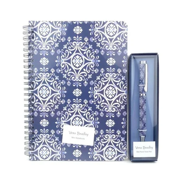 Vera Bradley Steel Blue Medallion Mini Spiral Notebook & Ball Point Pen Set NWT‎