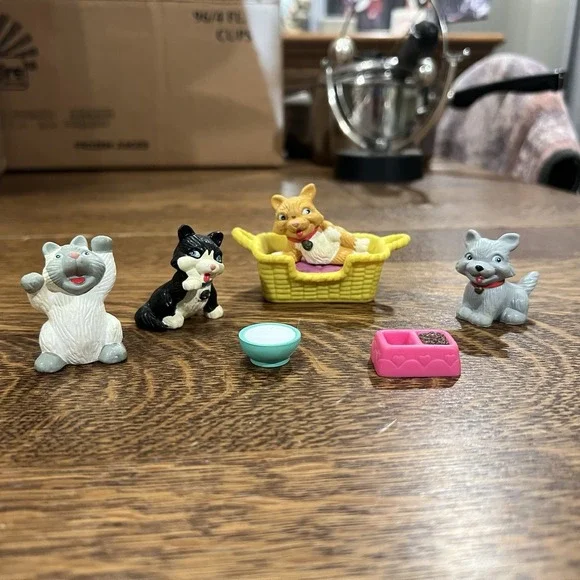 VTG 90s Jasman My Precious Pets Lot with Cat Bed, 4 Cats, Saucer Of Milk, Bowl