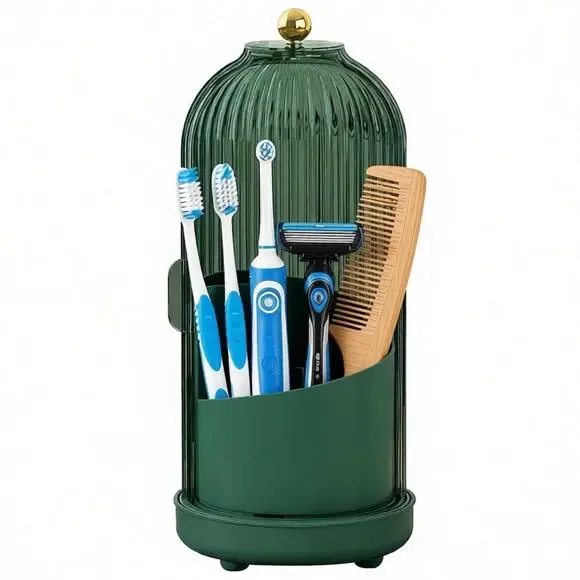 New JEESA Toothbrush Holder Organizer Drainage Holes Dustproof Cover 360 Green