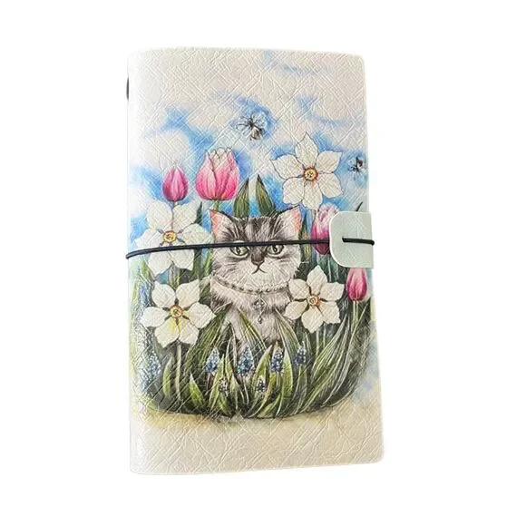 Cat with Flowers and Flies Faux Leather Reusable Travelers Notebook 8x4.5”