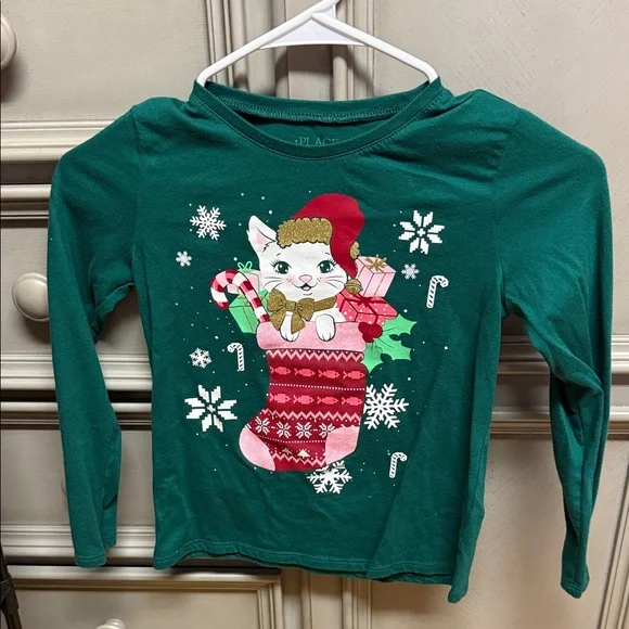 The Children's Place Green Holiday Cat Long Sleeve Tee