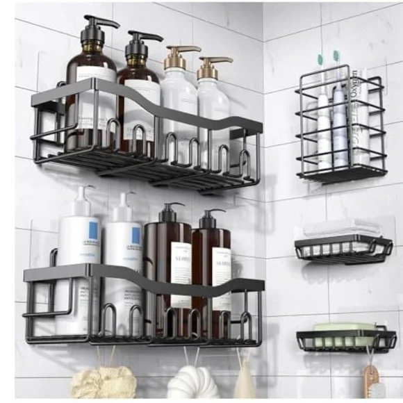 Eudele 5 Piece Black Adhesive Stainless Steel Shower Caddy Set