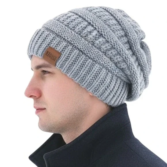 Unisex Slouchy Chunky Soft Warm Fleece Lined Beanie Hat‎ Cap Gray OS Outdoor