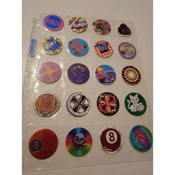Lot Of 20 Vintage POGs Misc. 8 Ball Kitty Skull Lion 90210 UFO Bulldog Pogman