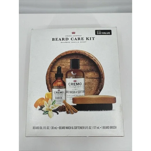 Cremo Mens Beard Grooming 3-PC Kit Wash/Softener-Oil-Brush Bourbon Vanilla Scent