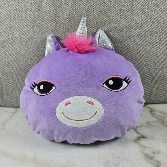 Purple Unicorn Plush Pillow Hot Pink Hair‎ Silver Iridescent Horn - Soft Mochi