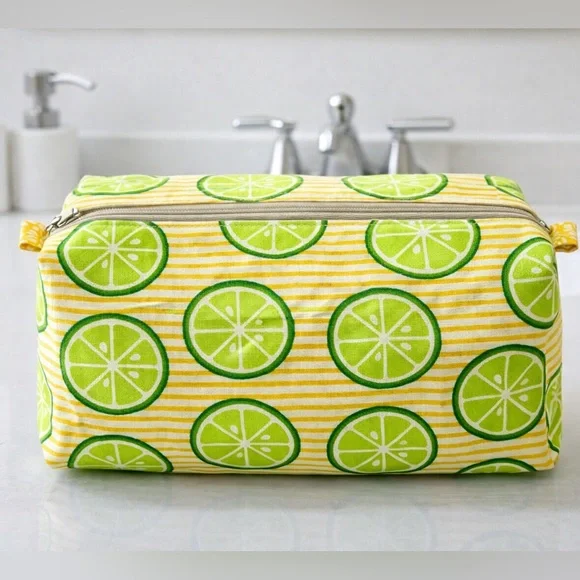 Lime Print Yellow Stripe Canvas Cosmetic Bag