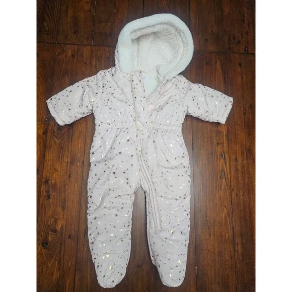 The Children's Place Baby Girl‎ Pink Gold Stars Puffer Snowsuit Winter Warm 6-9M