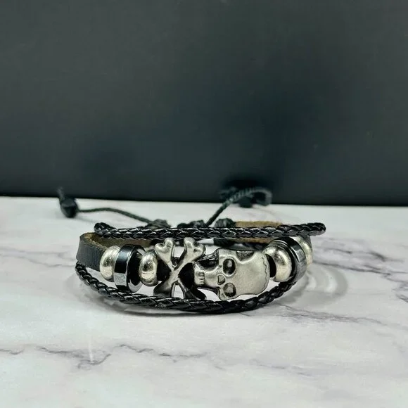 Mens Skull Cross Bracelet Leather Cord Metal Beads Adjustable Punk Biker