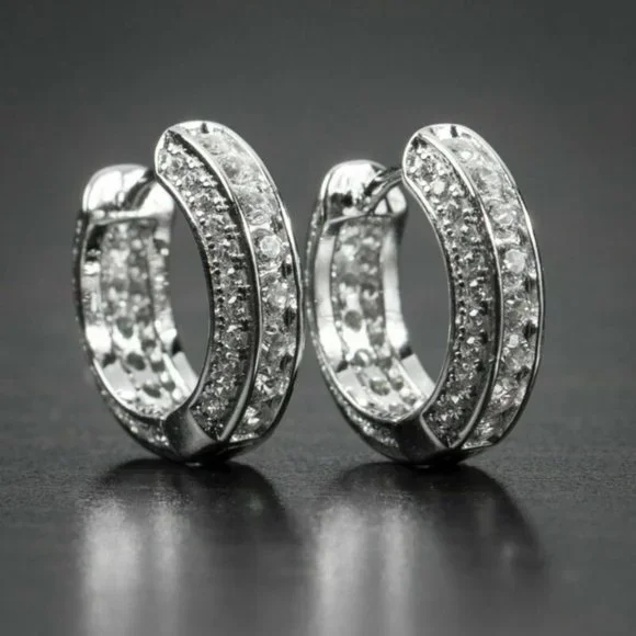 New Men’s 14k Gold Plated Silver Sim. Diamond Hoop Studs