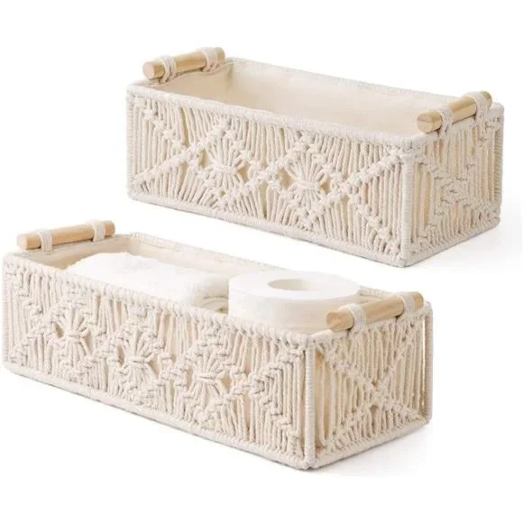 2 pcs Macrame Storage Baskets Boho Decor Box Woven Decorative Countertop Toilet