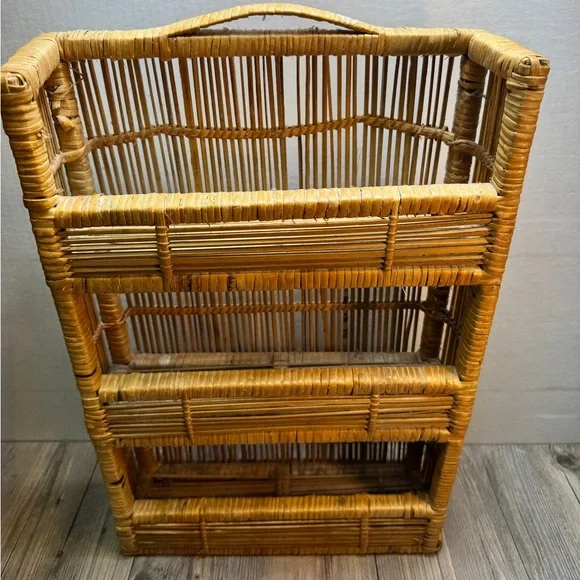 Vintage Wicker Rattan Three Tier Bathroom Shelving Storage Unit Etagere
