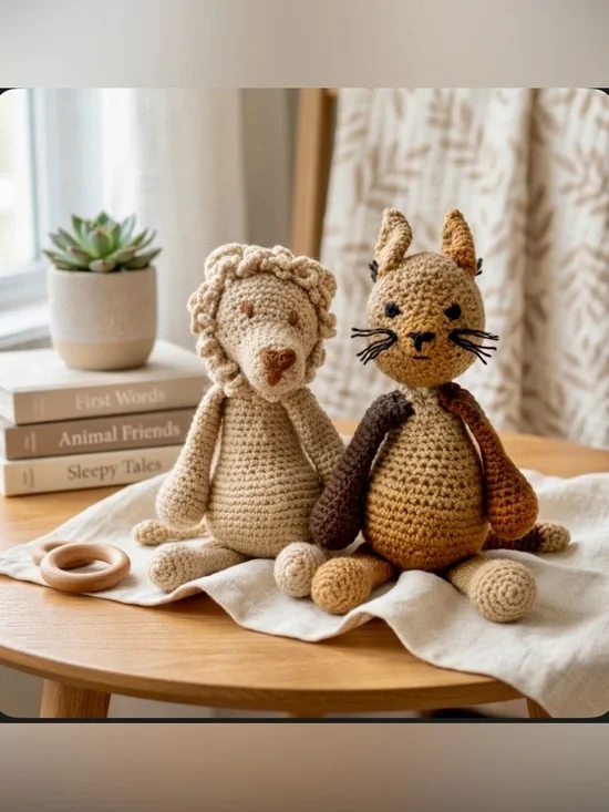 Handmade Crochet Lion & Rabbit Plush Set OOAK Artisan Stuffed Animals 15”& 12.5”