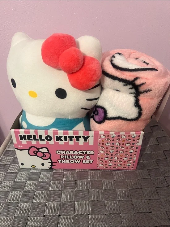 Hello Kitty Plush Pillow and Pink Character Throw Blanket Set