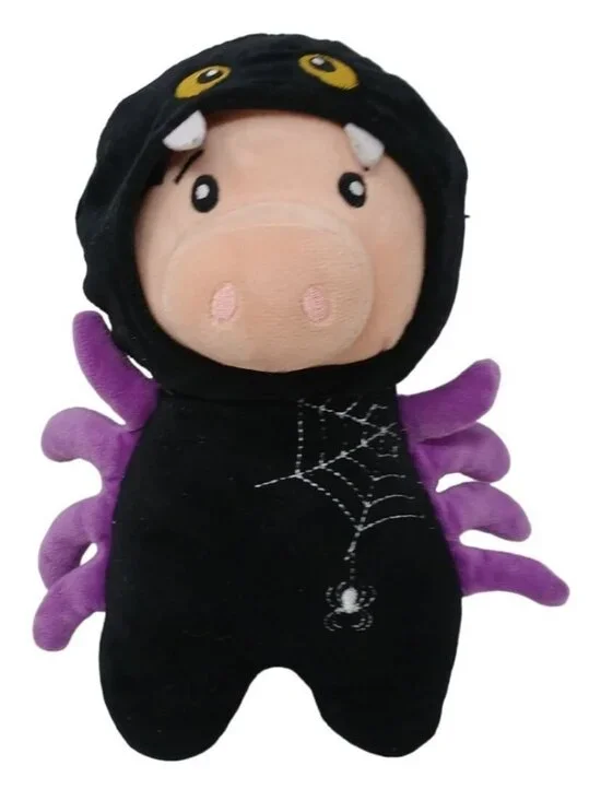 Plush Pig Toy In Spider Costume With Web Embroidery Purple Legs Hood 10