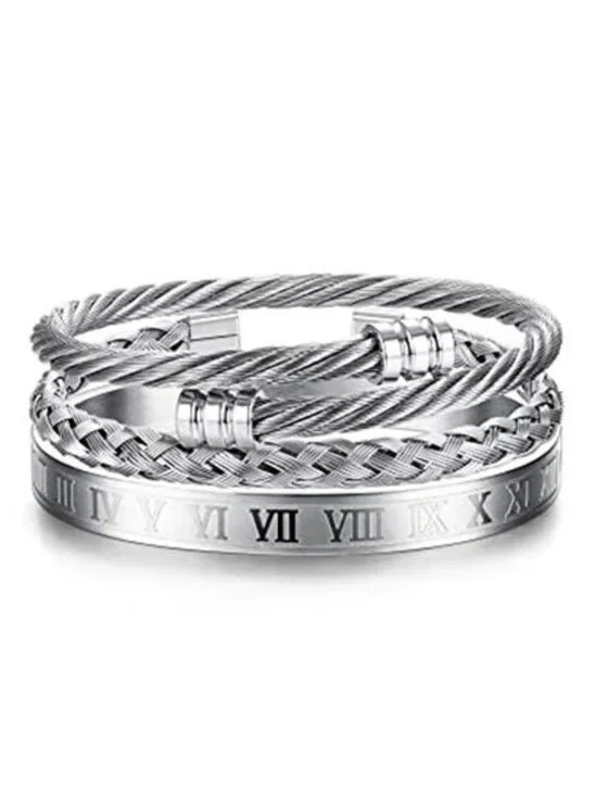 Cool 3Pcs Stainless Steel Bracelets for Men Roman Numeral Bangle Bracelet