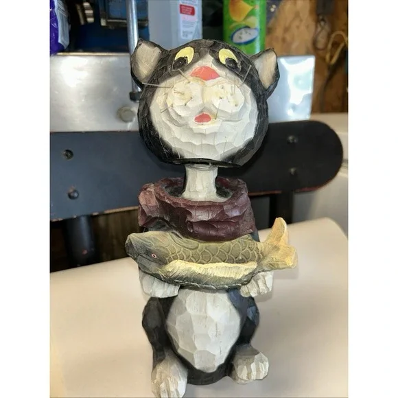 VINTAGE Carved Bobblwhead Cat Holding A Fish Black White 12