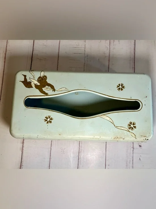 Vintage Ransburg Metal Tissue Box Cover Cherub Angel Footed Mcm