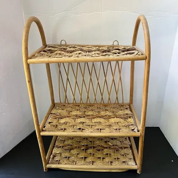 Vintage Wicker Rattan Wall Cabinet Shelf Hanging Bathroom Boho MCM Folding Towel