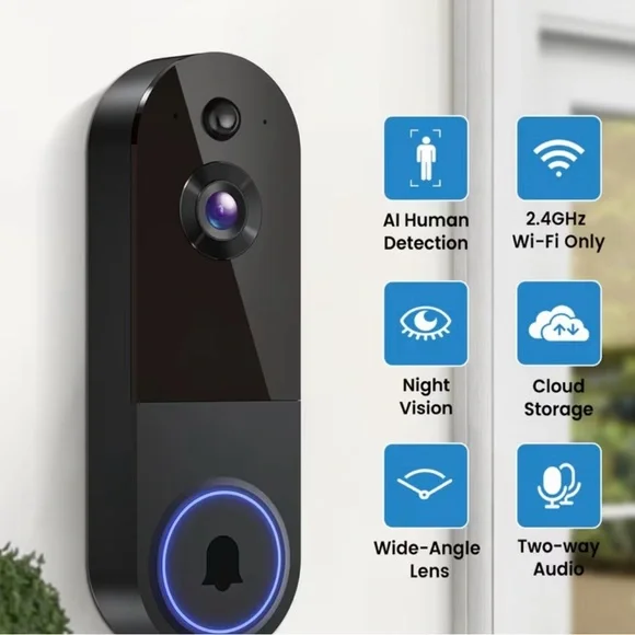 Smart Video Doorbell with AI Detection - Black