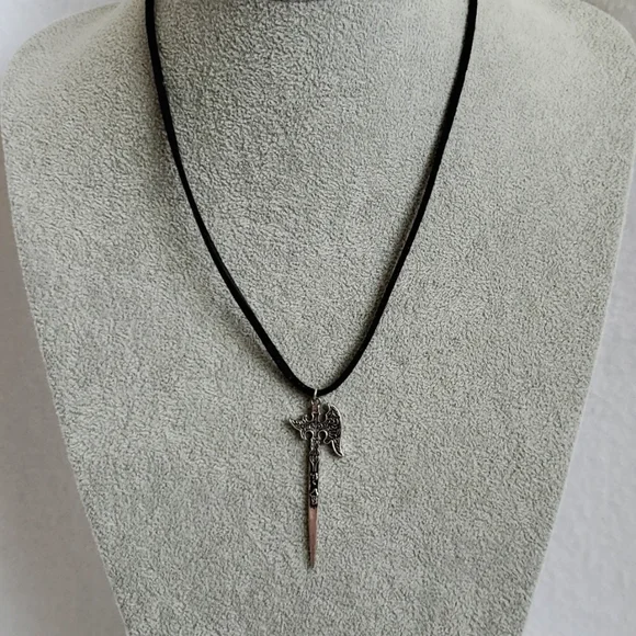Mens silver battle axe charm black suede necklace
