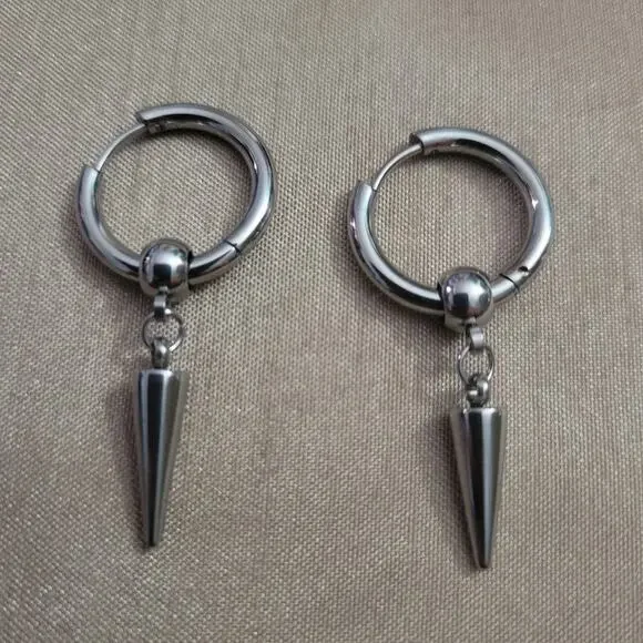 Men's silver stainless steel spike charm mini hoop earrings