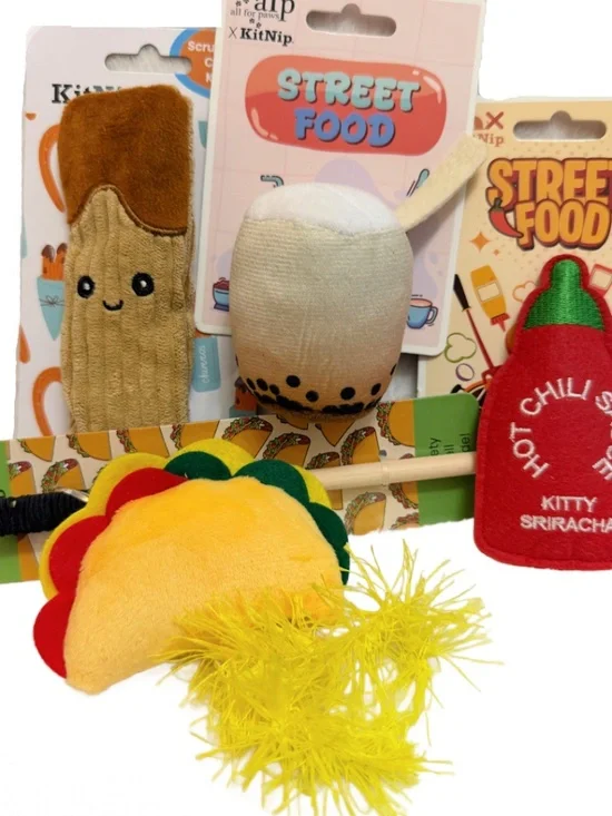KitNip Kitty Cat STREET FOOD Interactive Wand Catnip Plush New Lot of 4 Cat Toys