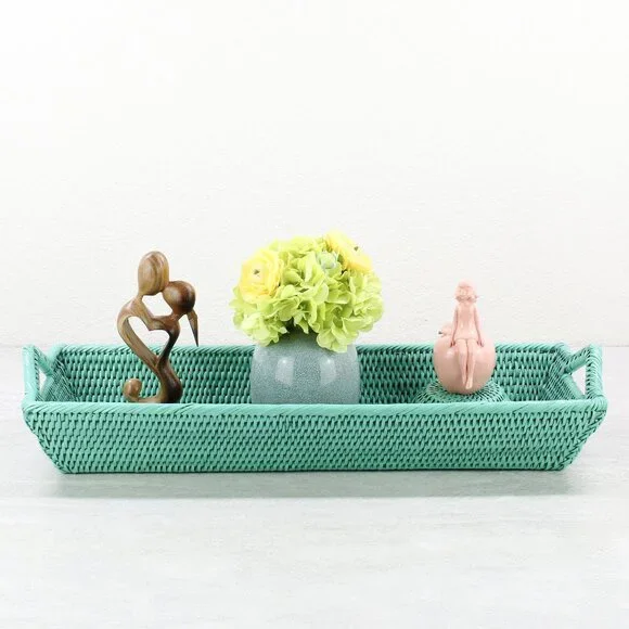 NEW Handwoven Long Large Rattan Serving Tray with Handles-Turquoise