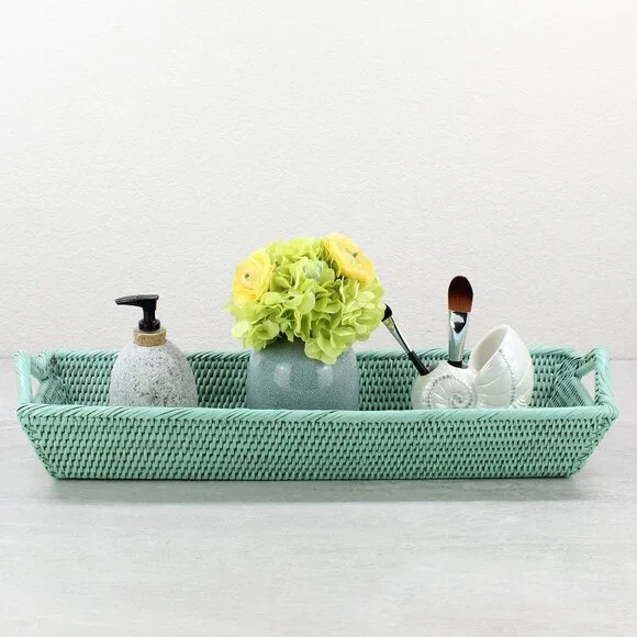 NEW Long Large Tight Woven Rattan Tray with Handles, Sage Leaf