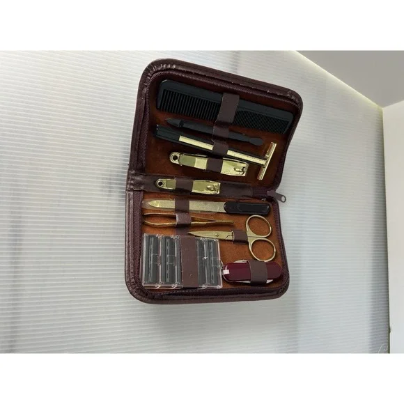 Vintage Shaving Travel Leather Case Kit‎ 10pc