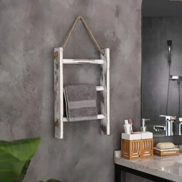 New Rustic Whitewashed Wood Wall Towel Ladder, 3-Tier Hand Towel Storage Rack