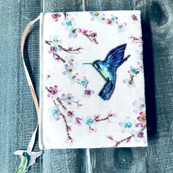 Beaded Hummingbird Floral Padded Pink Journal Notebook