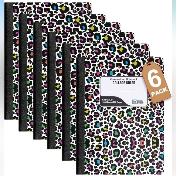 Brand New 6-Pack Colorful Leopard Print Composition Notebooks College Ruled